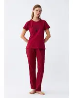 Kalp Desenli Kısa Kollu Kadın Bordo Penye Pijama Takımı Akbeniz 2785 Bordo detay görünüm
