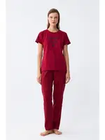 Kalp Desenli Kısa Kollu Kadın Bordo Penye Pijama Takımı Akbeniz 2785 Bordo görsel 4