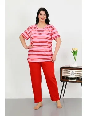 Akbeniz Çizgili Büyük Beden Kısa Kollu Penye Pijama Takımı Kırmızı Akbeniz 202505