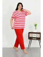 Çizgili Büyük Beden Kısa Kollu Penye Pijama Takımı Kırmızı Akbeniz 202505 detay görünüm