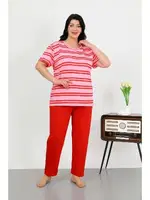 Çizgili Büyük Beden Kısa Kollu Penye Pijama Takımı Kırmızı Akbeniz 202505 farklı açı
