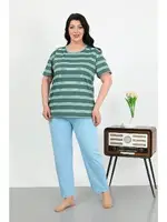 Pamuklu Kısa Kollu Büyük Beden Penye Kadın Pijama Takımı Akbeniz 202505 Petrol