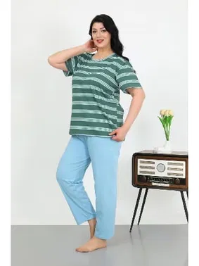 Akbeniz Pamuklu Kısa Kollu Büyük Beden Penye Kadın Pijama Takımı Akbeniz 202505 - Alternatif Görünüm