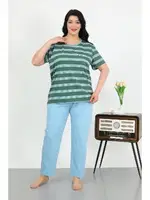 Pamuklu Kısa Kollu Büyük Beden Penye Kadın Pijama Takımı Akbeniz 202505 Petrol farklı açı