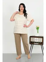 Çizgili Büyük Beden Kısa Kollu Penye Kadın Pijama Takımı Akbeniz 202505 Sütlü Kahve
