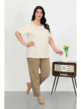 Akbeniz Çizgili Büyük Beden Kısa Kollu Penye Kadın Pijama Takımı Akbeniz 202505 - Alternatif Görünüm