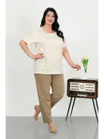 Çizgili Büyük Beden Kısa Kollu Penye Kadın Pijama Takımı Akbeniz 202505 Sütlü Kahve detay görünüm