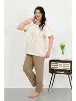 Çizgili Büyük Beden Kısa Kollu Penye Kadın Pijama Takımı Akbeniz 202505 Sütlü Kahve görsel 4