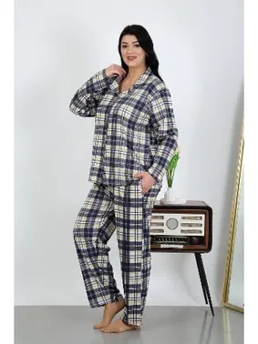 Akbeniz Büyük Beden Pamuklu Cepli Düğmeli Lacivert Pijama Takım Akbeniz 202504 - Alternatif Görünüm