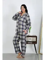 Büyük Beden Pamuklu Cepli Düğmeli Lacivert Pijama Takım Akbeniz 202504 Lacivert detay görünüm