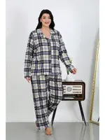 Büyük Beden Pamuklu Cepli Düğmeli Lacivert Pijama Takım Akbeniz 202504 Lacivert görsel 4