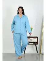 Büyük Beden Pamuklu Cepli Düğmeli Pijama Takım Akbeniz 202504 Mavi