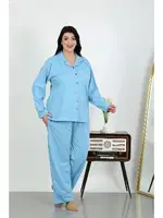 Büyük Beden Pamuklu Cepli Düğmeli Pijama Takım Akbeniz 202504 Mavi detay görünüm