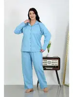 Büyük Beden Pamuklu Cepli Düğmeli Pijama Takım Akbeniz 202504 Mavi farklı açı