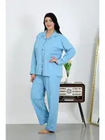 Büyük Beden Pamuklu Cepli Düğmeli Pijama Takım Akbeniz 202504 Mavi görsel 4