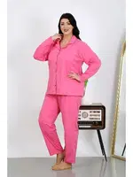 Uzun Kollu Büyük Beden Penye Cepli Pembe Kadın Pijama Takım Akbeniz 202504 Pembe detay görünüm