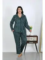 Çizgili Pamuklu Büyük Beden Cepli Düğmeli Kadın Pijama Takım Akbeniz 202504 Petrol
