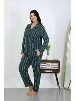 Çizgili Pamuklu Büyük Beden Cepli Düğmeli Kadın Pijama Takım Akbeniz 202504 Petrol detay görünüm