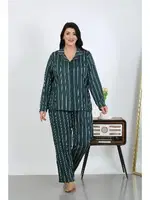 Çizgili Pamuklu Büyük Beden Cepli Düğmeli Kadın Pijama Takım Akbeniz 202504 Petrol farklı açı