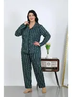 Çizgili Pamuklu Büyük Beden Cepli Düğmeli Kadın Pijama Takım Akbeniz 202504 Petrol görsel 4