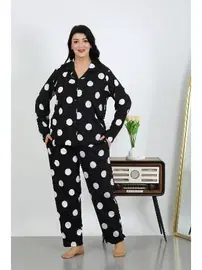 Akbeniz Puantiyeli Cepli Düğmeli Büyük Beden Pamuklu Pijama Takım Akbeniz 202504