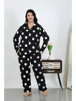 Puantiyeli Cepli Düğmeli Büyük Beden Pamuklu Pijama Takım Akbeniz 202504 Siyah
