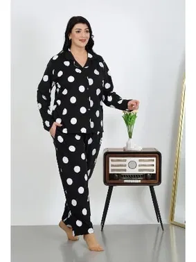 Akbeniz Puantiyeli Cepli Düğmeli Büyük Beden Pamuklu Pijama Takım Akbeniz 202504 - Alternatif Görünüm
