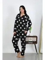 Puantiyeli Cepli Düğmeli Büyük Beden Pamuklu Pijama Takım Akbeniz 202504 Siyah farklı açı