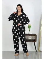 Puantiyeli Cepli Düğmeli Büyük Beden Pamuklu Pijama Takım Akbeniz 202504 Siyah görsel 4