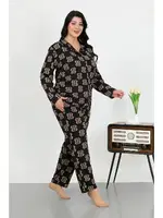 Cepli Düğmeli Büyük Beden Pamuklu Pijama Takım Akbeniz 202506 Siyah detay görünüm