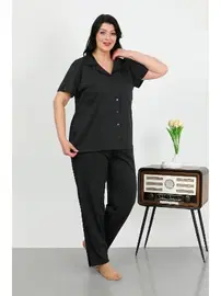 Akbeniz Gömlek Yaka Büyük Beden Penye Cepli Düğmeli Siyah Kadın Pijama Takım Akbeniz 202507