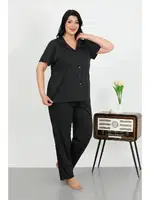 Gömlek Yaka Büyük Beden Penye Cepli Düğmeli Siyah Kadın Pijama Takım Akbeniz 202507 Siyah