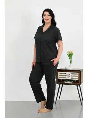 Akbeniz Gömlek Yaka Büyük Beden Penye Cepli Düğmeli Siyah Kadın Pijama Takım Akbeniz 202507 - Alternatif Görünüm
