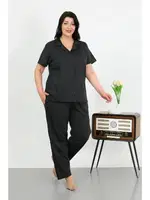 Gömlek Yaka Büyük Beden Penye Cepli Düğmeli Siyah Kadın Pijama Takım Akbeniz 202507 Siyah farklı açı
