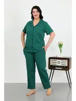 Büyük Beden Pamuklu Cepli Düğmeli Kadın Pijama Takım Akbeniz 202507 Zümrüt Yeşili