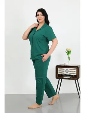 Akbeniz Büyük Beden Pamuklu Cepli Düğmeli Kadın Pijama Takım Akbeniz 202507 - Alternatif Görünüm