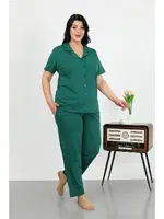Büyük Beden Pamuklu Cepli Düğmeli Kadın Pijama Takım Akbeniz 202507 Zümrüt Yeşili farklı açı
