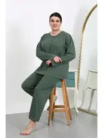 Büyük Beden Uzun Kollu Penye Kadın Pijama Takımı Akbeniz 202501 Haki detay görünüm