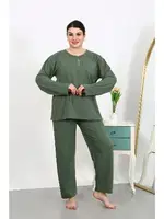 Büyük Beden Uzun Kollu Penye Kadın Pijama Takımı Akbeniz 202501 Haki farklı açı