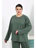 Büyük Beden Uzun Kollu Penye Kadın Pijama Takımı Akbeniz 202501 Haki görsel 4
