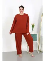 Penye Büyük Beden Uzun Kollu Kadın Pijama Takımı Akbeniz 202501 Kiremit detay görünüm
