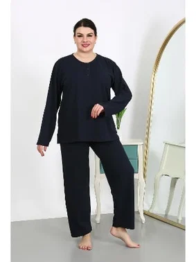 Akbeniz Pamuklu Büyük Beden Uzun Kollu Kadın Pijama Takımı Lacivert Akbeniz 202501