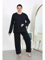 Pamuklu Büyük Beden Uzun Kollu Kadın Pijama Takımı Lacivert Akbeniz 202501 Lacivert