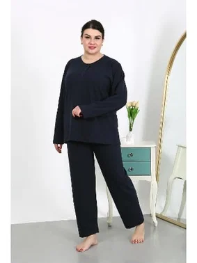 Akbeniz Pamuklu Büyük Beden Uzun Kollu Kadın Pijama Takımı Lacivert Akbeniz 202501 - Alternatif Görünüm