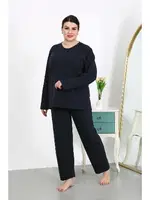 Pamuklu Büyük Beden Uzun Kollu Kadın Pijama Takımı Lacivert Akbeniz 202501 Lacivert detay görünüm