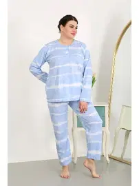Akbeniz Büyük Beden Yuvarlak Yaka Uzun Kollu Kadın Pijama Takımı Mavi Akbeniz 202502