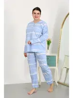 Büyük Beden Yuvarlak Yaka Uzun Kollu Kadın Pijama Takımı Mavi Akbeniz 202502 Mavi farklı açı