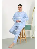 Büyük Beden Yuvarlak Yaka Uzun Kollu Kadın Pijama Takımı Mavi Akbeniz 202502 Mavi görsel 4