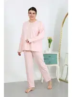 Pembe Uzun Kollu Büyük Beden Penye Pijama Takımı Akbeniz 202501 Pembe farklı açı