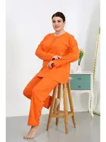 Düğmeli Büyük Beden Penye Uzun Kollu Kadın Pijama Takımı Turuncu Akbeniz 202501 Turuncu